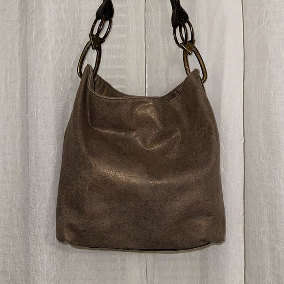 Braciano Metallic Canvas Tan Brown Leather Combo Hobo Shoulder Bag Purse - Picture 3 of 16